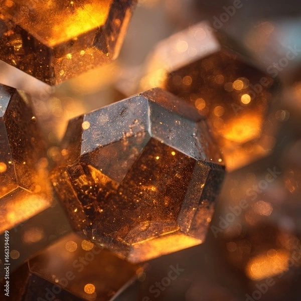 Fototapeta Close-up of multiple, multifaceted, amber-colored, geometric shapes, illuminated from within, creating a glowing, abstract visual