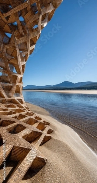 Fototapeta Wooden lattice structure framing a tranquil shoreline