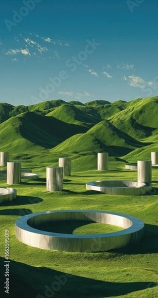 Fototapeta Futuristic metallic structures on a lush green landscape