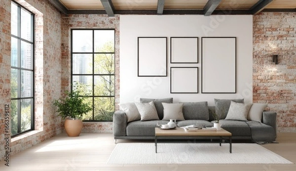 Fototapeta Modern loft living room with exposed brick, large windows, and multiple framed art pieces
