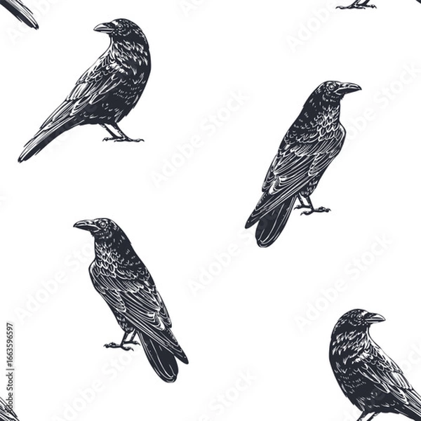 Fototapeta Raven, seamless pattern, engraving, hand drawn vector illustration, monochrome