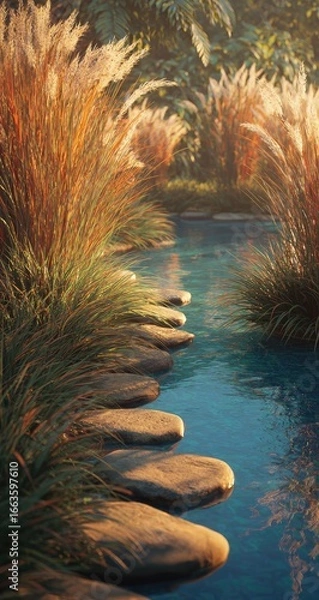 Fototapeta Tranquil path through a serene waterway, lined with tall grasses