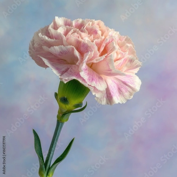 Fototapeta Close-up of a single, delicate, pink and white carnation, slightly angled, set against a soft pastel backdrop of light blues and pinks