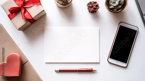 Fototapeta Organized workspace featuring blank friendship card, pen and gift box, smartphone with message alert, minimalist clean layout