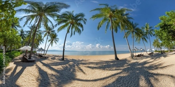 Obraz The serene beach scene featuring swaying palm trees and golden sandy shores.