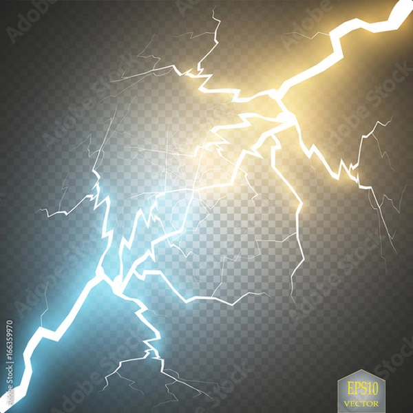 Fototapeta Collision of two forces with gold and blue light. Vector illustration. Hot and cold sparkling power. Energy lightning with electric discharge isolated on transparent background