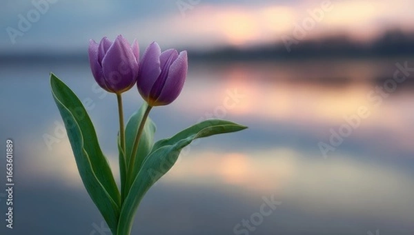 Obraz Two purple tulips stand against a tranquil sunset over water