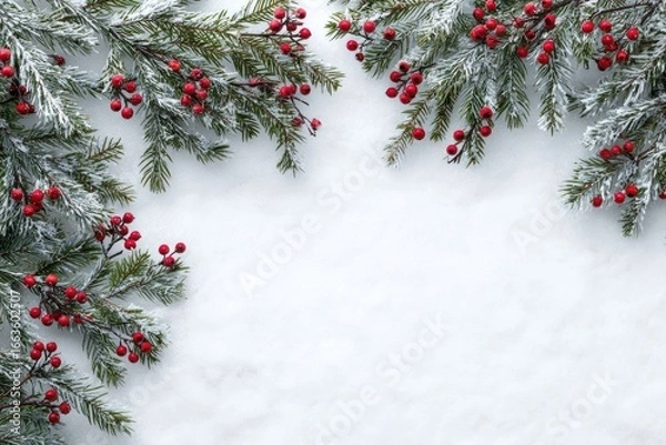Obraz Snowy sprigs with red berries frame a blank space