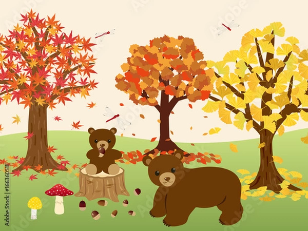 Fototapeta 秋の森の動物たち