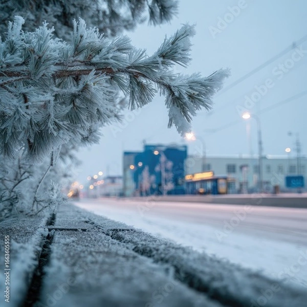 Obraz Frozen pine branch overhangs a snow-covered city street