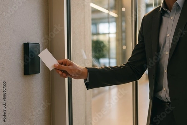 Obraz Employee taps an RFID card on a door reader