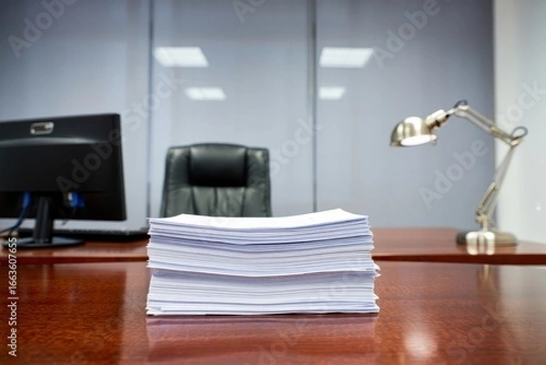 Fototapeta A stack of papers on a wooden desk in an office with a computer and a desk lamp near