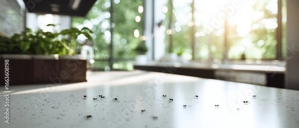 Obraz The ants exploring a modern kitchen countertop in natural sunlight