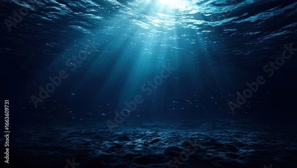 Fototapeta Underwater scene, sunbeams piercing deep blue water