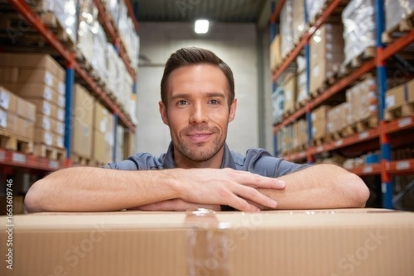 Fototapeta Smiling man leaning on a large cardboard box in a warehouse with shelves of boxes behind