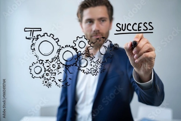 Fototapeta Man drawing gears and the word success on a transparent surface with a marker pen tool