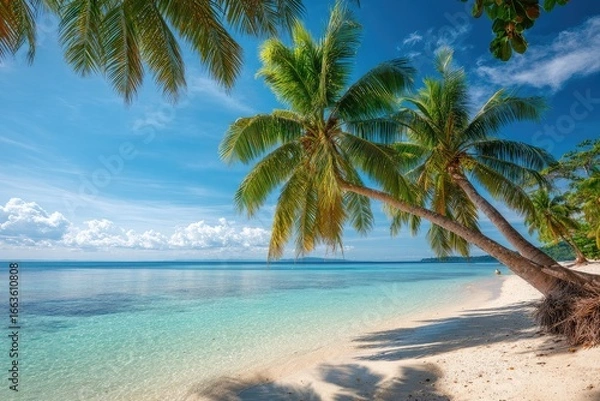 Fototapeta Tropical beach scene with swaying palm trees (1)