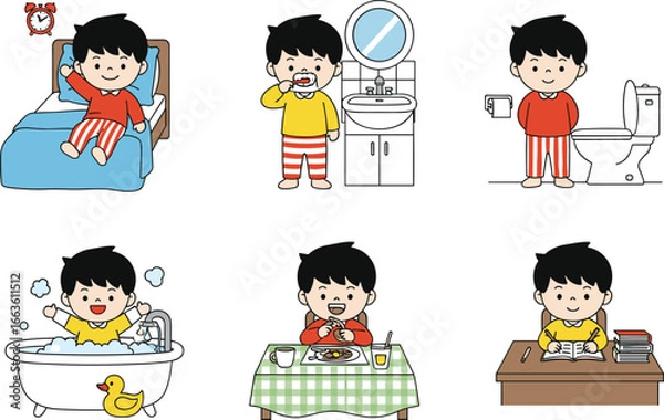 Fototapeta Cute Boy Daily Morning Routine Vector Set Including Waking Up, Brushing Teeth, Bathing, Eating Breakfast, Toilet Use, and Studying.