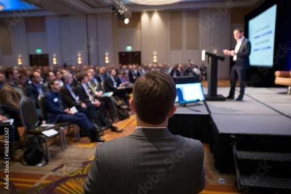 Fototapeta Audience watching a speaker on stage at a conference in a large room with lighting
