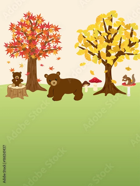 Fototapeta 秋の森の動物たち