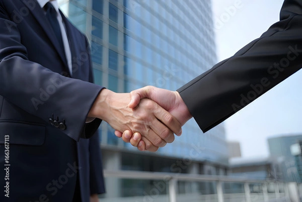 Fototapeta Closeup of two business people shaking hands in front of a modern office building view
