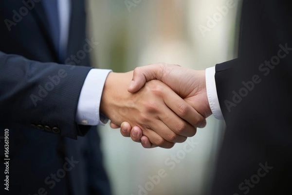 Fototapeta A close up shot of two people in suits shaking hands in a business or professional setting