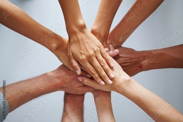 Fototapeta A group of diverse hands stacked together in a show of unity and teamwork on light background