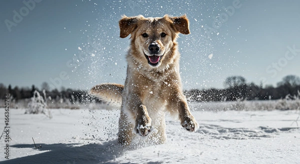 Obraz Joyful Golden Retriever Puppy Jumping in Snow with Snowflakes and Winter Sunlight