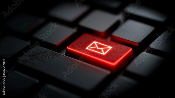 Obraz Red glowing envelope email letter icon on button computer keyboard. Sending email letters concept
