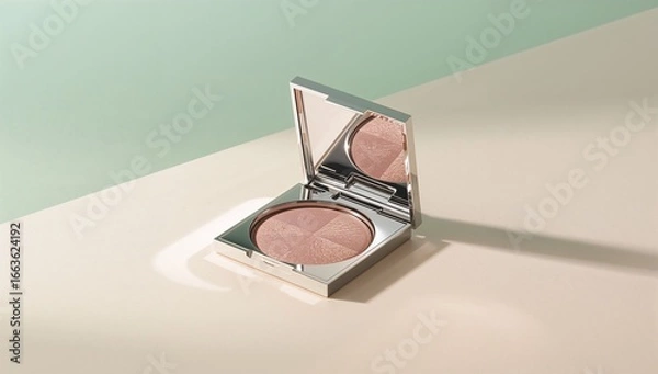 Fototapeta Square compact makeup case with pressed powder on dual color surface