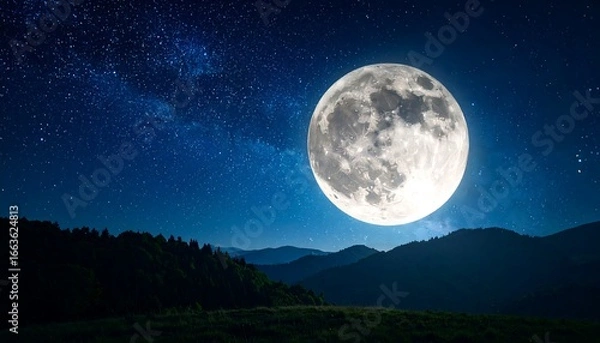 Fototapeta A full moon casts a serene glow over a mountain landscape under a starlit night sky.