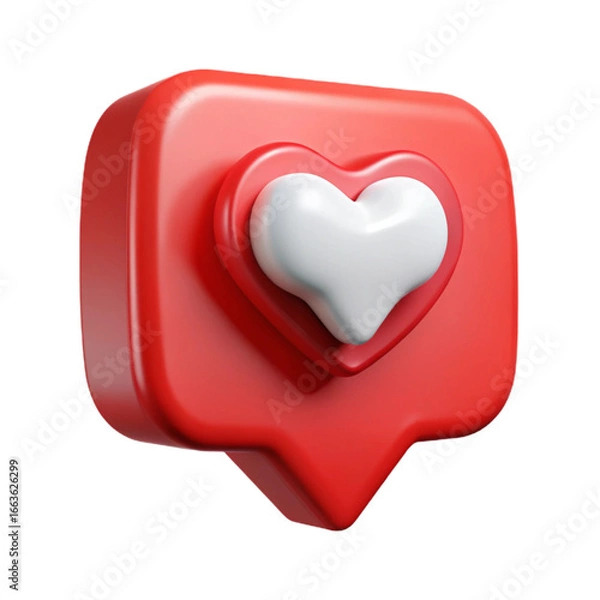 Fototapeta Shiny red speech bubble contains white heart, representing love and notification on transparent background