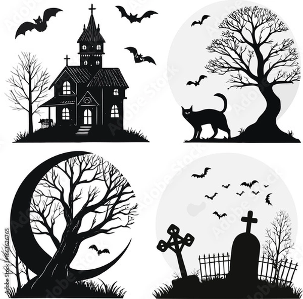 Fototapeta Bundle of 4 spooky illustrations haunted house, crescent moon with bats, graveyard cross, black cat with arched back. All filled with black, clean silhouette style, white background, no text