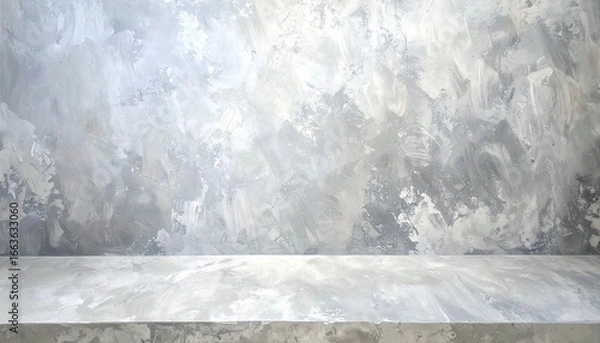 Fototapeta Perspective view of an empty cement tabletop on a polished gray concrete wall, a modern studio backdrop for product placement or display