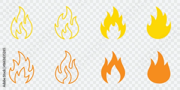 Fototapeta Fire flame icon. Red flame in abstract style on white background. Flat fire collection set. Modern art isolated graphic. Fire sign. Vector Illustration. EPS 10