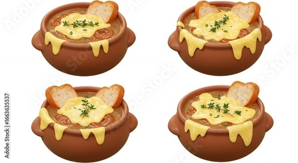 Obraz Four bowls of creamy french onion soup