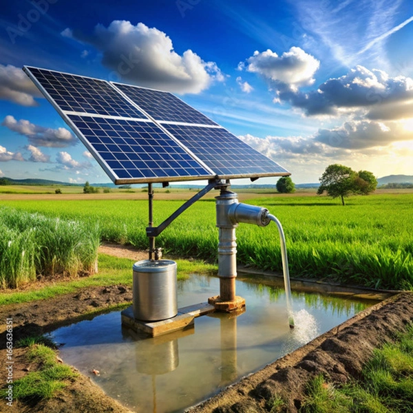 Fototapeta Solar powered water pump in a green field with cloudy blue sky