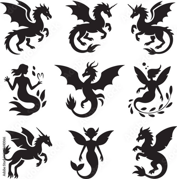 Fototapeta Black Vector Silhouettes of Mythical Creatures Bold Outline Design