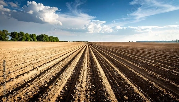 Obraz Agricultural landscape featuring plowed fields and a bright blue sky with clouds