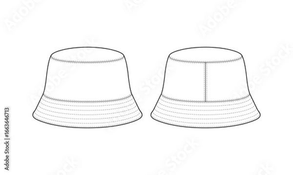 Fototapeta hat flat sketch vector, outline drawing, round bucket technical drawing, front and back view, white background 