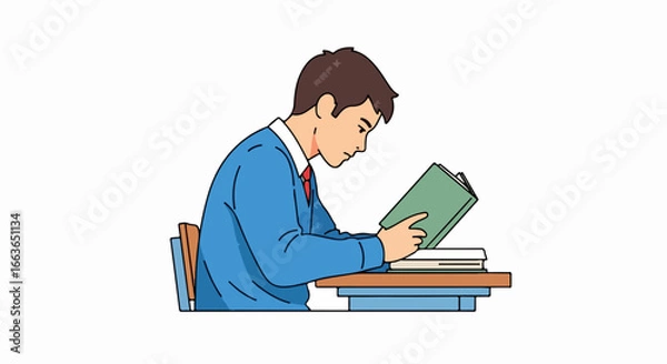 Fototapeta Student focused on reading a book at desk.