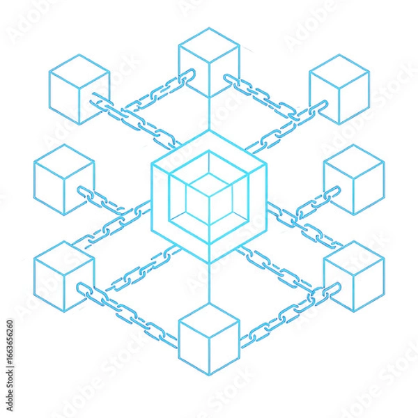 Fototapeta Isometric blue outline illustration of a blockchain network with interconnected data blocks and chains.