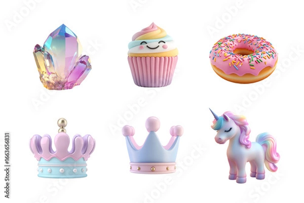 Fototapeta A whimsical collection of pastel-themed objects, including a unicorn, cupcake, crown, crystal, and donut. Perfect for playful designs.