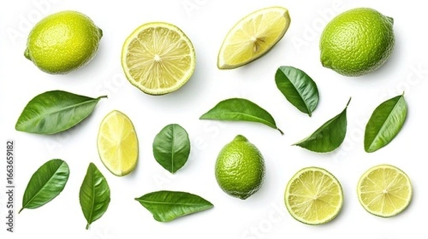 Fototapeta A set of fresh green lemon leaves isolated on a white background