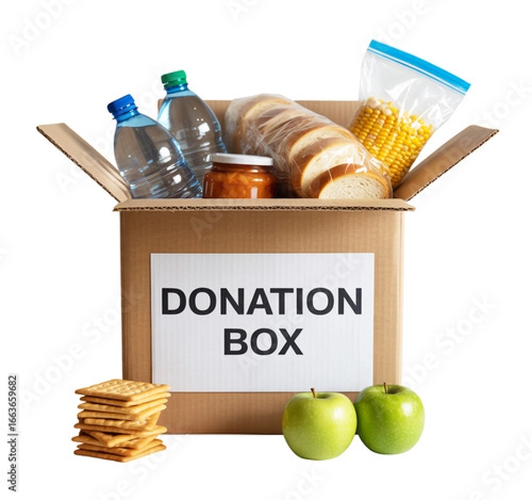 Fototapeta Donation Box Filled with Food and Essentials Supporting Local Community Outreach and Charitable Giving Initiatives isolated on a transparent background.