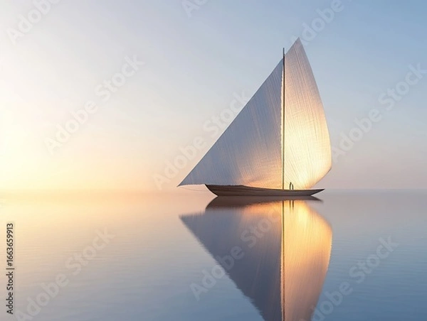 Fototapeta A traditional Kuwaiti dhow sailing across a glass-like sea under a golden sunset.