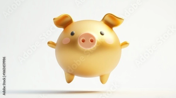 Fototapeta 3D render of cute golden Piggie Bank jumping, isolated on white background x