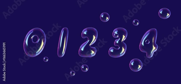 Fototapeta set of numbers made of bubbles on blue background, 3d rendering, number zero, one, two, three, four