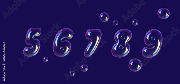 Fototapeta set of numbers made of bubbles on blue background, 3d rendering, number five, six, seven, eight, nine
