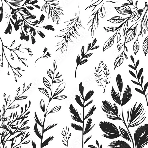 Fototapeta Flower brush hand drawn vector set, doodle style floral leaves and petals, black ink brush strokes, abstract botanical silhouettes, minimal clean white background, vector illustration 2